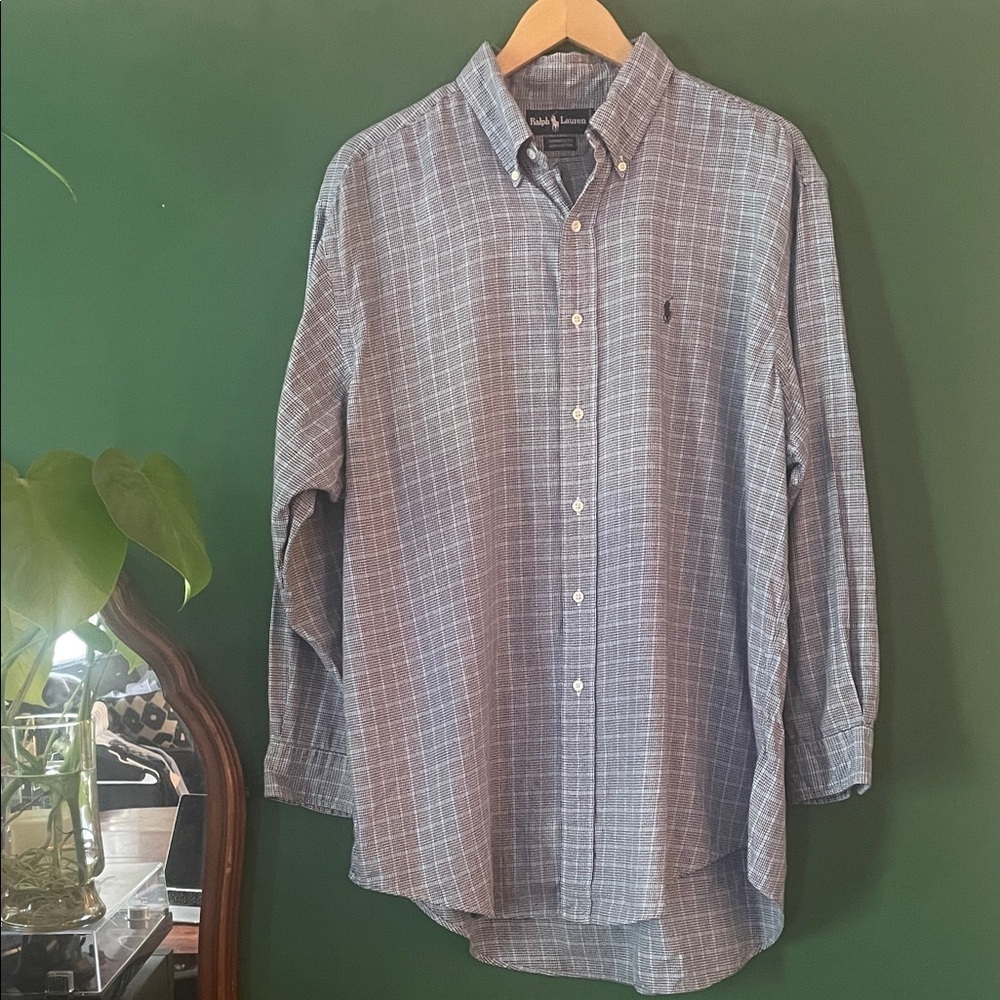 Ralph Lauren Yarmouth Mens 17/33 Navy & Blue Houndstooth Plaid 100% Cotton Woven